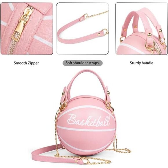 Basketball Bag Purse Handbag Shoulder Mini Round Zipper Women with Strap - Picture 4 of 8